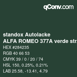 カラーコード: standox Autolacke - ALFA ROMEO 377A verde stresa | qconv.com