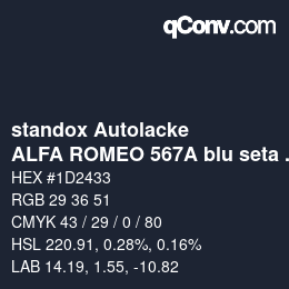 カラーコード: standox Autolacke - ALFA ROMEO 567A blu seta OEM 2006 | qconv.com