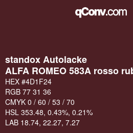 Farbcode: standox Autolacke - ALFA ROMEO 583A rosso rubino OEM 2006 | qconv.com