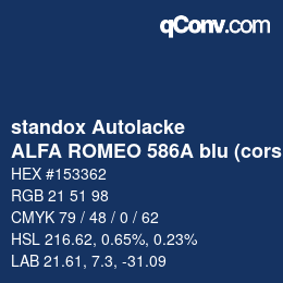 カラーコード: standox Autolacke - ALFA ROMEO 586A blu (corsa) misano OEM 2006 | qconv.com
