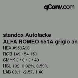カラーコード: standox Autolacke - ALFA ROMEO 651A grigio antares/stromboli OEM 2005 | qconv.com