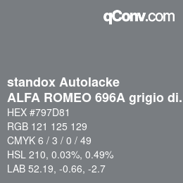 カラーコード: standox Autolacke - ALFA ROMEO 696A grigio diamante/nurburgring OEM 2006 | qconv.com