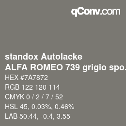 カラーコード: standox Autolacke - ALFA ROMEO 739 grigio spoleto OEM 2005 | qconv.com