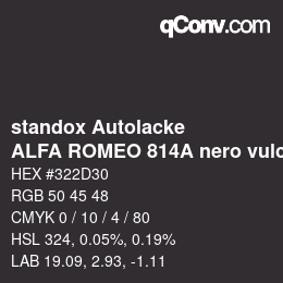 Code couleur: standox Autolacke - ALFA ROMEO 814A nero vulcano | qconv.com