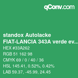 Code couleur: standox Autolacke - FIAT-LANCIA 343A verde evidence | qconv.com
