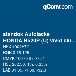 Farbcode: standox Autolacke - HONDA B520P (U) vivid blue OEM 2005 | qconv.com