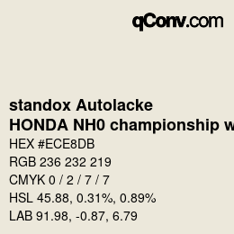 Farbcode: standox Autolacke - HONDA NH0 championship white (1992) | qconv.com