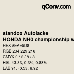 Farbcode: standox Autolacke - HONDA NH0 championship white (1997) | qconv.com