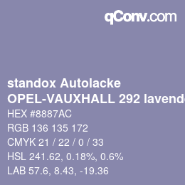 Color code: standox Autolacke - OPEL-VAUXHALL 292 lavendelviolet | qconv.com