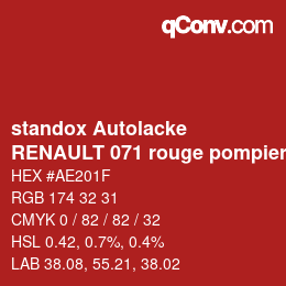 Color code: standox Autolacke - RENAULT 071 rouge pompiers OEM 2005 | qconv.com