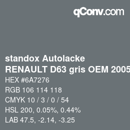 Code couleur: standox Autolacke - RENAULT D63 gris OEM 2005 | qconv.com