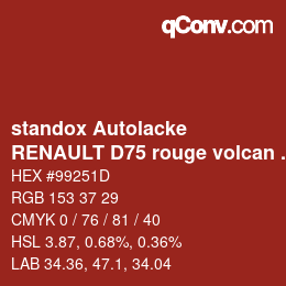 Farbcode: standox Autolacke - RENAULT D75 rouge volcan OEM 2005 | qconv.com
