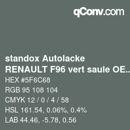 カラーコード: standox Autolacke - RENAULT F96 vert saule OEM 2005 | qconv.com