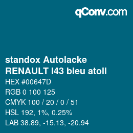 Code couleur: standox Autolacke - RENAULT I43 bleu atoll | qconv.com