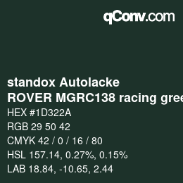 Código de color: standox Autolacke - ROVER MGRC138 racing green OEM 2005 | qconv.com