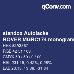 Code couleur: standox Autolacke - ROVER MGRC174 monogram emperor blue OEM 2005 | qconv.com