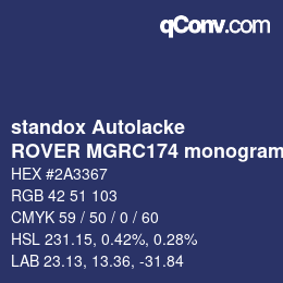 Code couleur: standox Autolacke - ROVER MGRC174 monogram emperor blue OEM 2005 | qconv.com