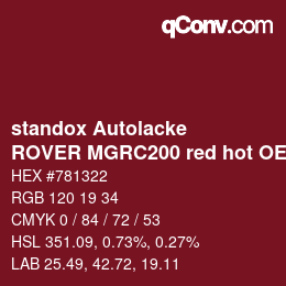 Farbcode: standox Autolacke - ROVER MGRC200 red hot OEM 2005 | qconv.com