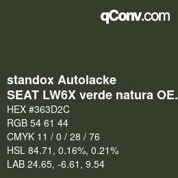 Code couleur: standox Autolacke - SEAT LW6X verde natura OEM 2006 | qconv.com