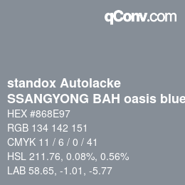颜色代码: standox Autolacke - SSANGYONG BAH oasis blue OEM 2005 | qconv.com