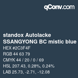 Code couleur: standox Autolacke - SSANGYONG BC mistic blue | qconv.com
