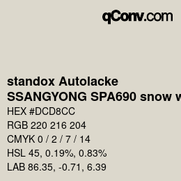 颜色代码: standox Autolacke - SSANGYONG SPA690 snow white | qconv.com