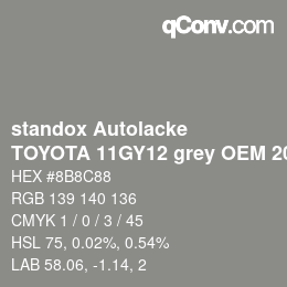 Código de color: standox Autolacke - TOYOTA 11GY12 grey OEM 2006 | qconv.com