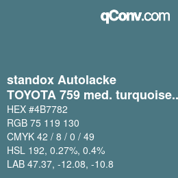 Farbcode: standox Autolacke - TOYOTA 759 med. turquoise opal | qconv.com