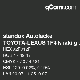 カラーコード: standox Autolacke - TOYOTA-LEXUS 1F4 khaki grey OEM 2005 | qconv.com