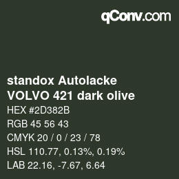 Farbcode: standox Autolacke - VOLVO 421 dark olive | qconv.com