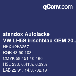 Color code: standox Autolacke - VW LH5S irischblau OEM 2006 | qconv.com