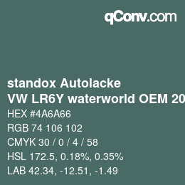 Código de color: standox Autolacke - VW LR6Y waterworld OEM 2005 | qconv.com